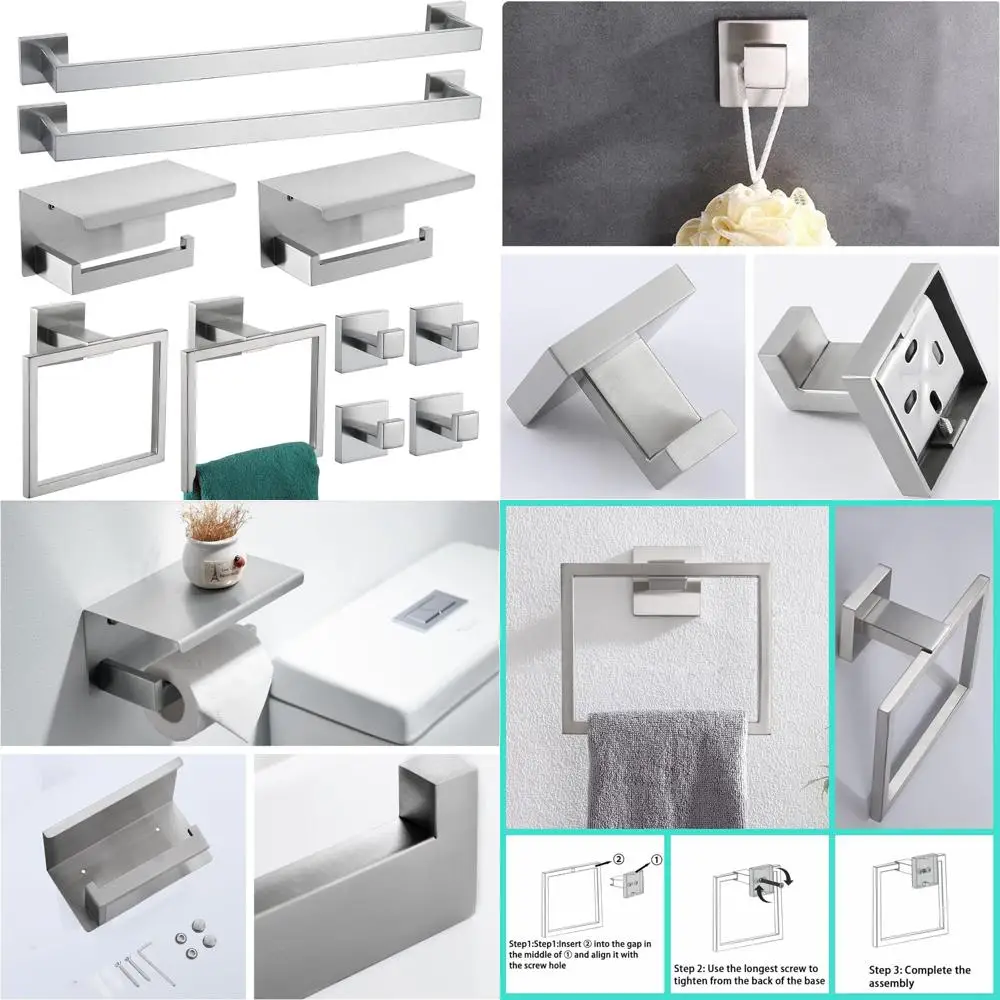 

Modern Brushed Nickel 10-Piece Square Towel Bar Set - Stainless Steel Bathroom Hardware Accessories with Towel Racks