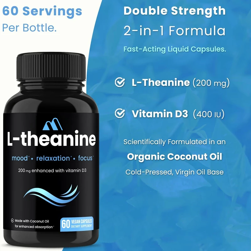 

L-theanine 200mg Capsules || Contains Vitamin D3, Organic Coconut Oil Supports Emotions, Concentration -60 Vegetarian Capsules
