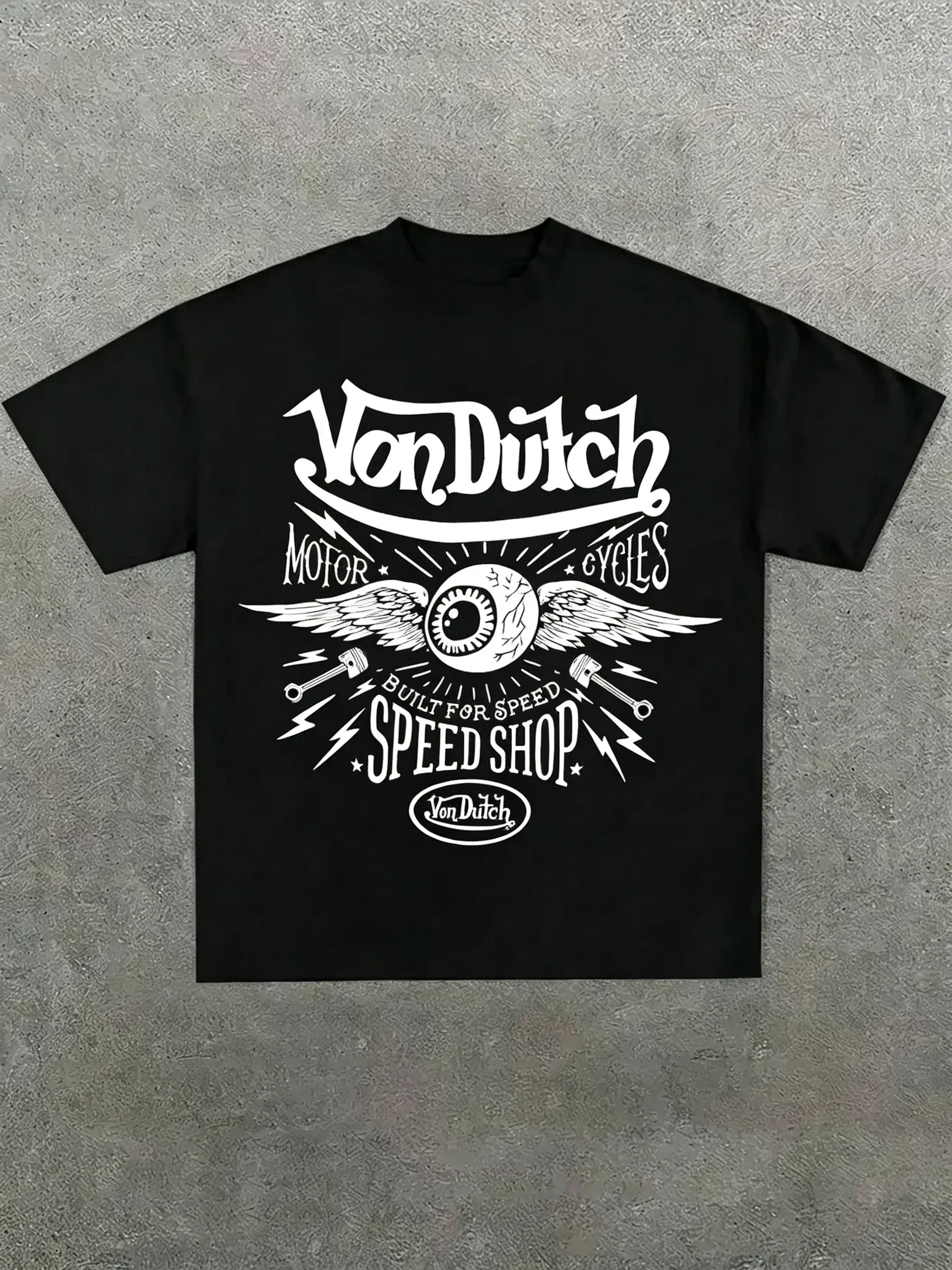 2026 Men Retro Biker Graphic T‑Shirt Versatile and high-quality Piston Motor Art Front Print Black Short Sleeve Tee