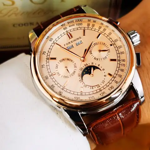 Forsining Retro Mechancial Watches Moon Phase Shanghai Movement Rose Gold Case Brown Leather Strap Luxury Automatic Mens Watch