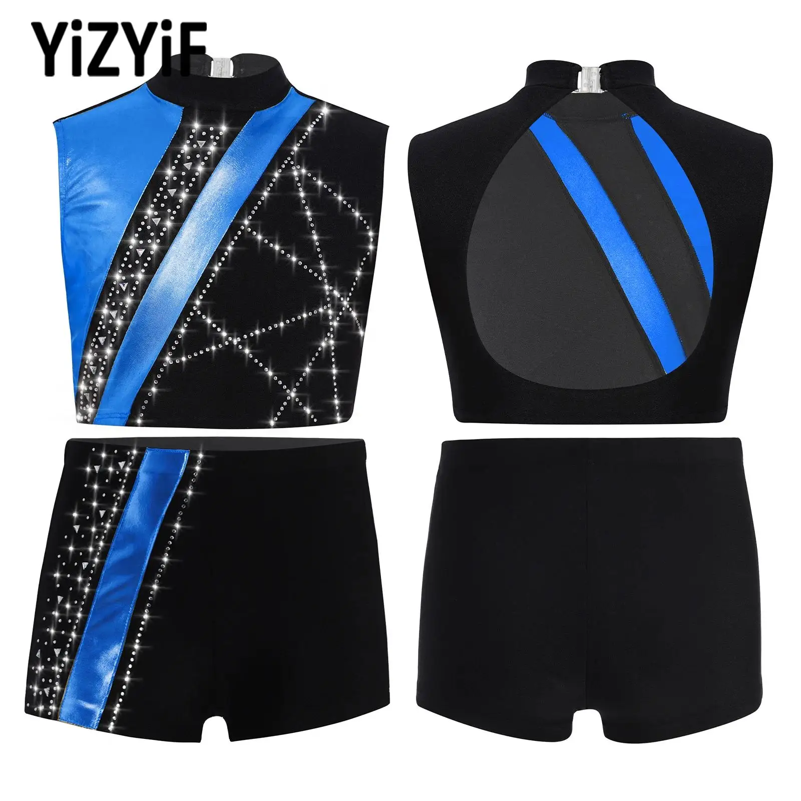 

Children's Sport Suits Kids Ballet Gymnastics Figure Skating Dance Set for Girls Sleeveless Cutout Back Rhinestones Tops+Shorts