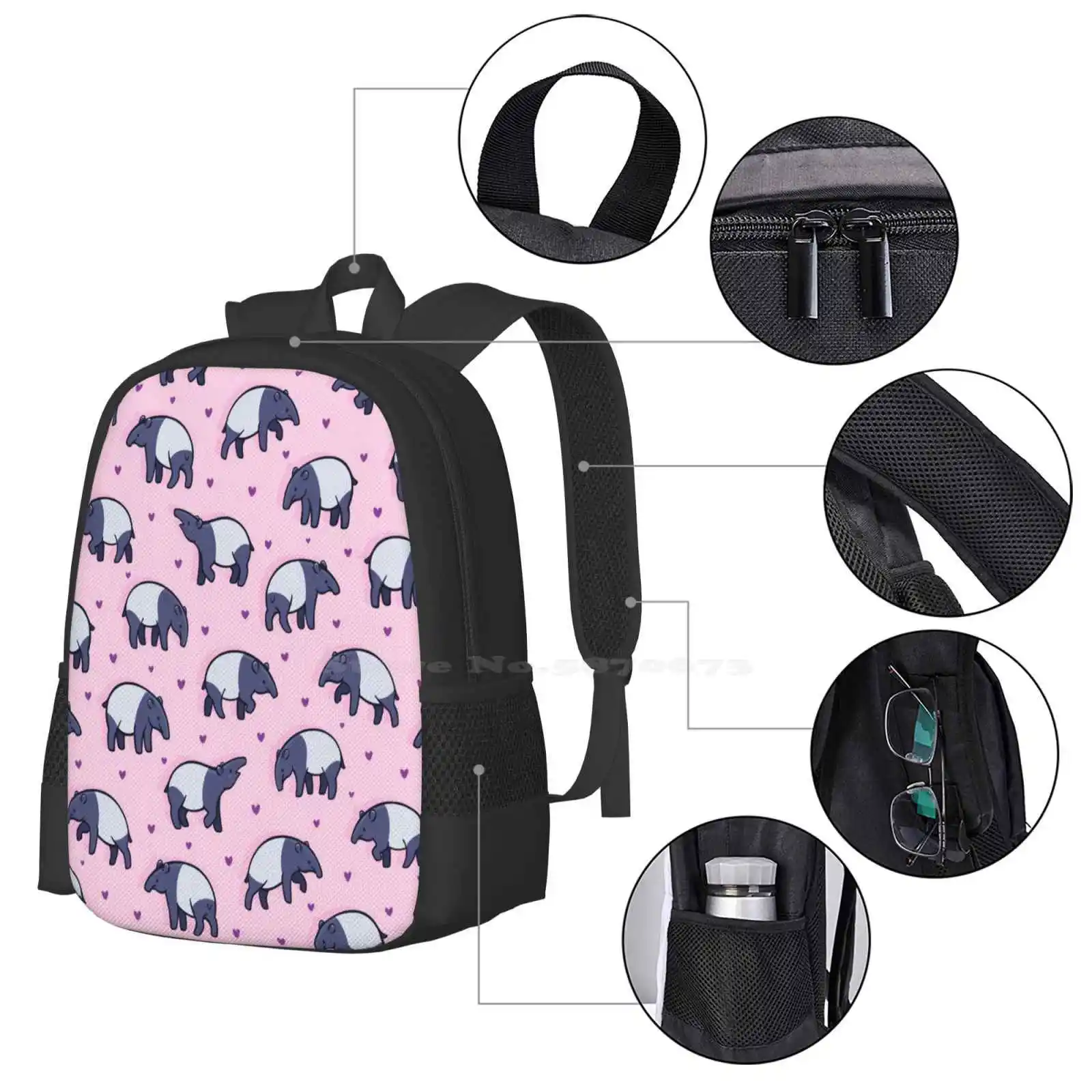 Tiny Tapirs School Bags Travel Laptop Backpack Tapirs Patterns Cute Cartoon Animals Pink Hearts Tapirus