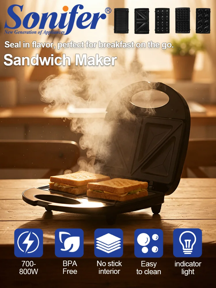 

Sonifer 5 in 1 Sandwich Maker SF-6170 750W Detachable Non-Stick Waffle Iron Plates 2-Sided Quick Heating Compact Upright 220V
