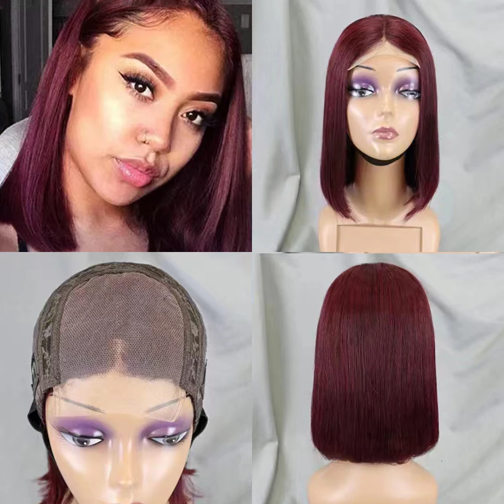 Perruque Bob Lace Front Wig naturelle lisse, bordeaux, 12 pouces, pre-plucked, avec Baby Hair, pour femmes