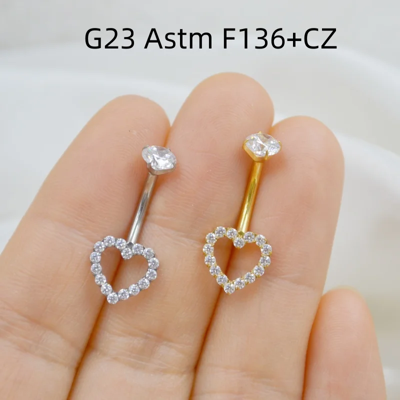 10PCS Body Piercing Jewelry-G23 Titanium F136 CZ  Heart Navel Belly Button Bar Curve Barbells Belly Rings