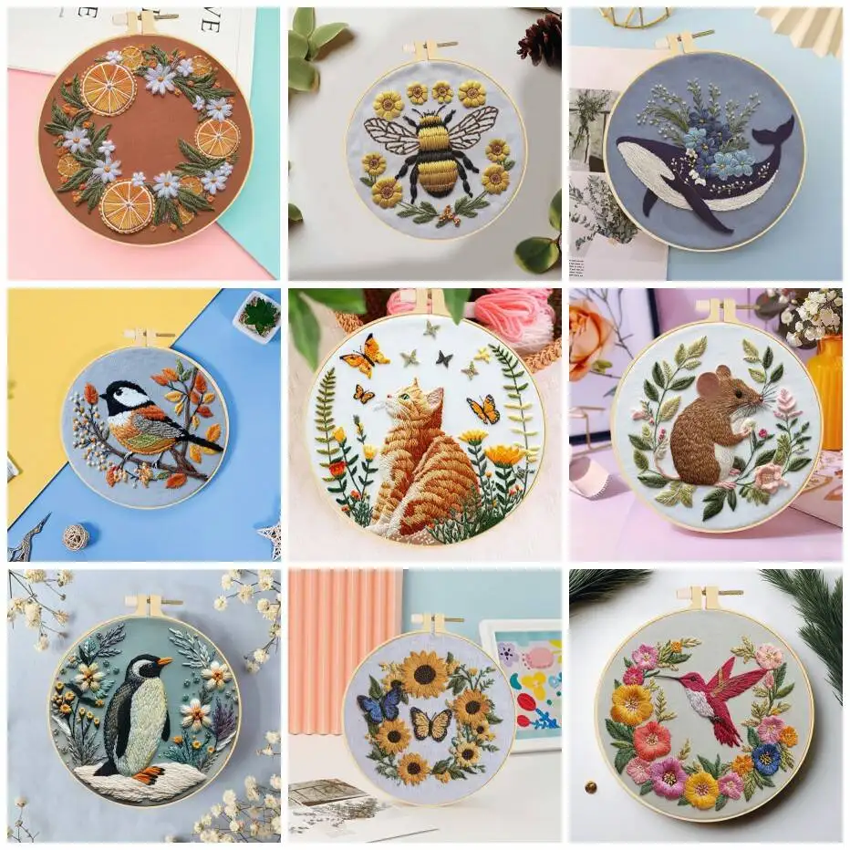1pc DIY Embroidery Supplies Animal Sewing Hobby Butterfly Bird Bee Cat Needlework Starter Kit For Beginners Craft Unique Gift