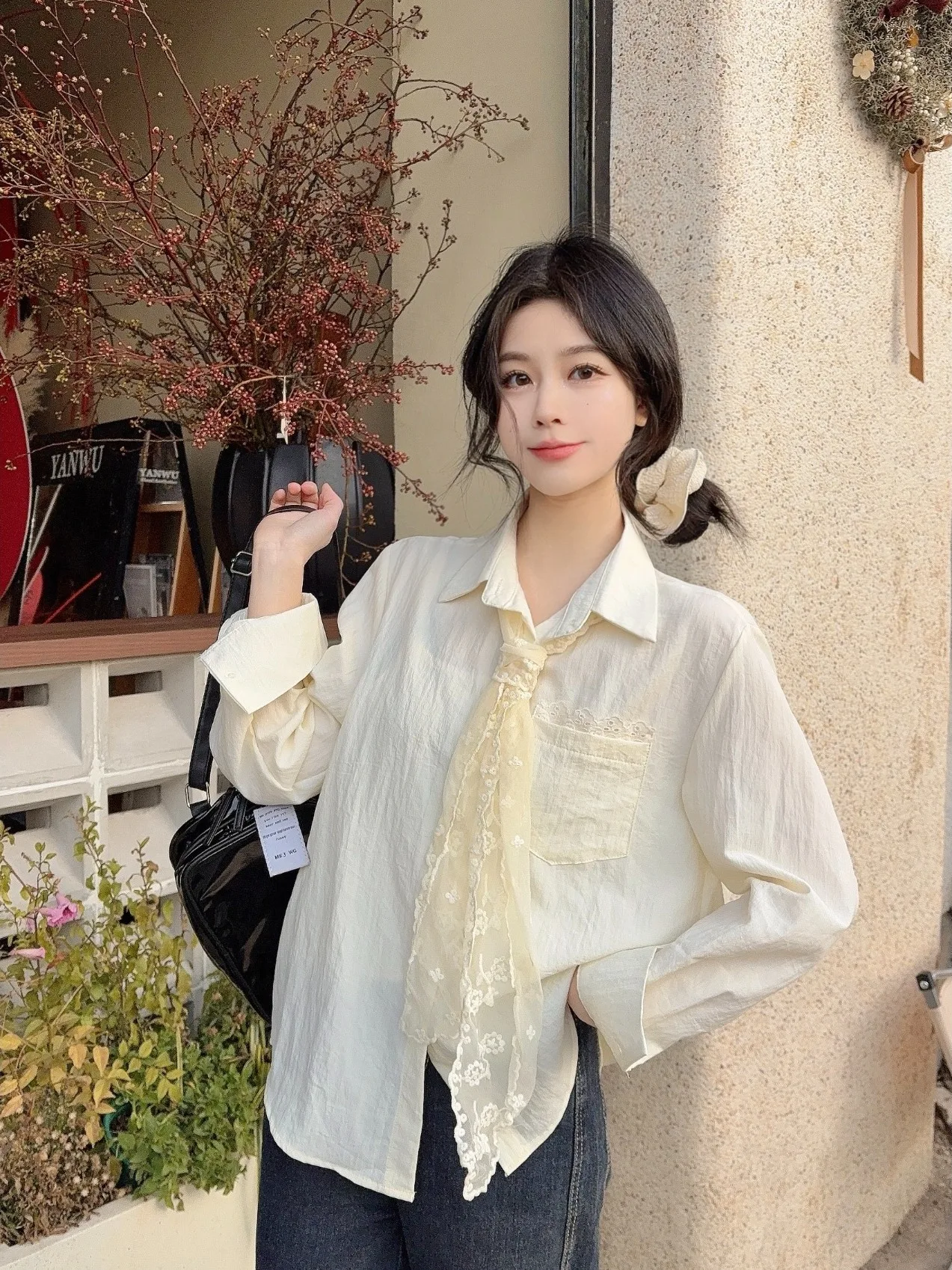 

plus Size Lace Sleeve Shirt Women's Loose Fit Spring 2026 Korean Style Casual Wear Long Sleeve Button up Top Slimming Effect