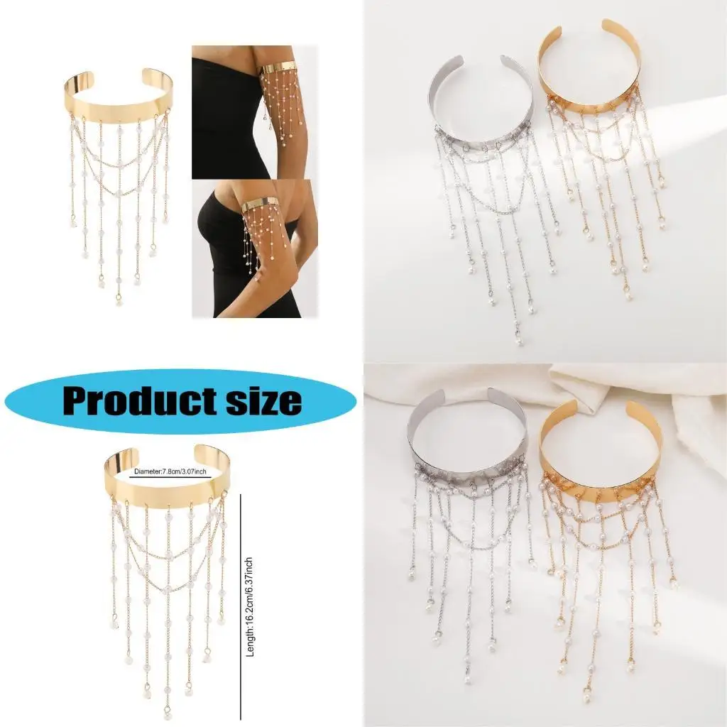 

652F Elegant Faux Pearls Beaded Tassels Armband Stainless Steel Body Chain Accessory Formal Event