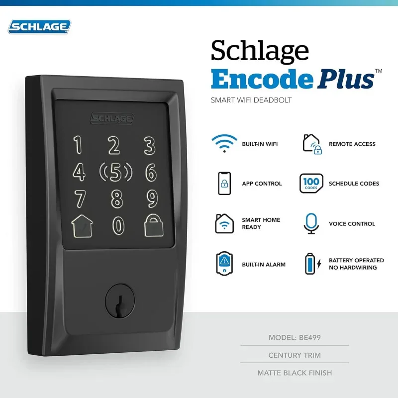 QWSchlage BE499WB CEN 622 Encode Plus WiFi Deadbolt Smart Lock mit Apple Home Key, Keyless Entry Door Century Trim