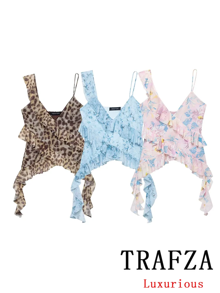 

TRAFZA Casual Sexy Chic Women Tops Print Sleeveless Camisole Asymmetric Tierred Vest New Fashion 2025 Summer Holiday Female Vest