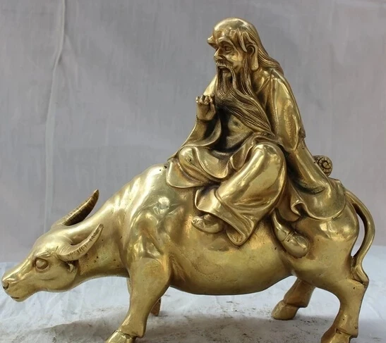 

9" Chinese Brass Taoism Literati Philosopher Lao Zi Lao Tzu Ride Bull Ox Statue 22CM