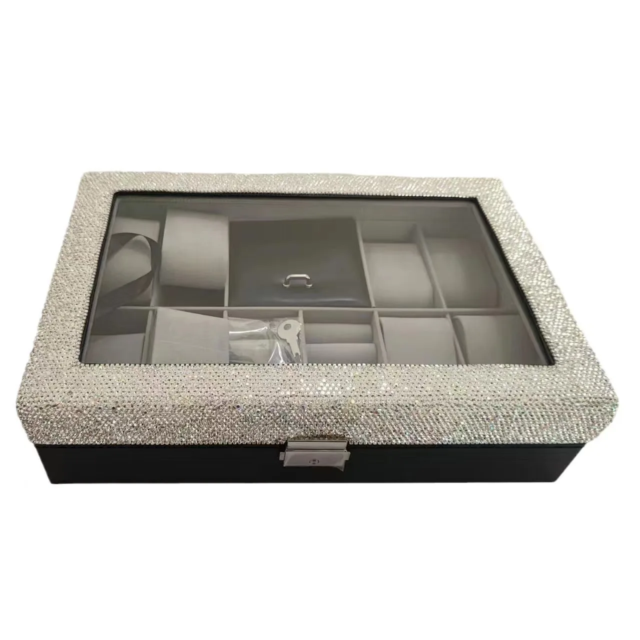 Bling Diamond Watch Storage Box Window Opening PU Jewelry Box 8 Slots Quartz Watches Case Necklace Ring Display Holder Organizer