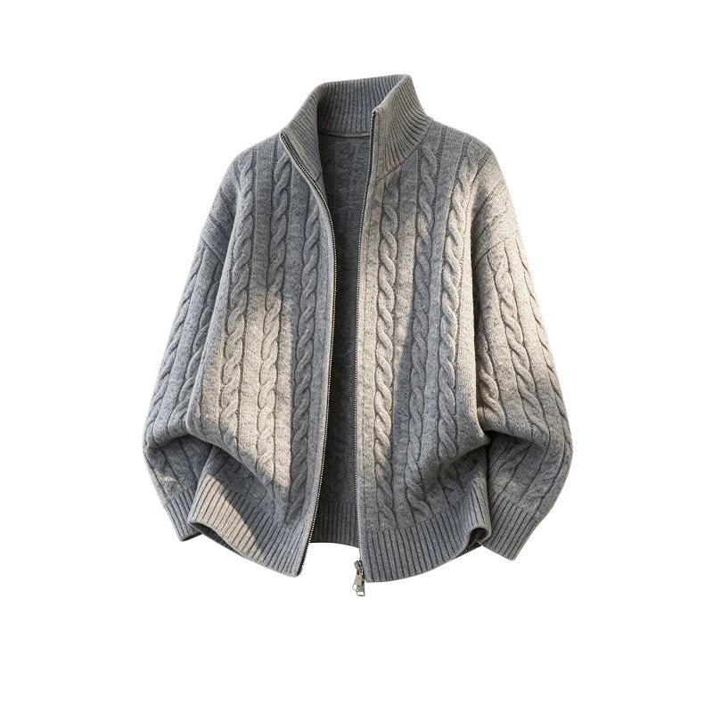 Herbstmode-Pullover für Herren mit Stehkragen, Old-Money-Jacquard, Reißverschluss-Cardigan, einfarbig, schlichter Stil, Strickware – Detail 2
