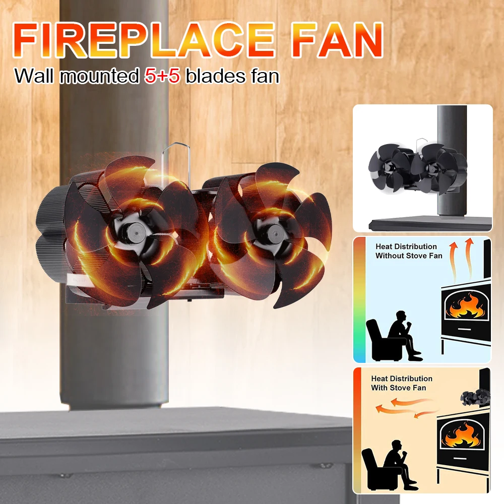 

5 Blades Fireplace Fan Double Head Wall-Mounted Heat Powered Eco Stove Fan Household High-efficiency Heat Silent Furnace Fan