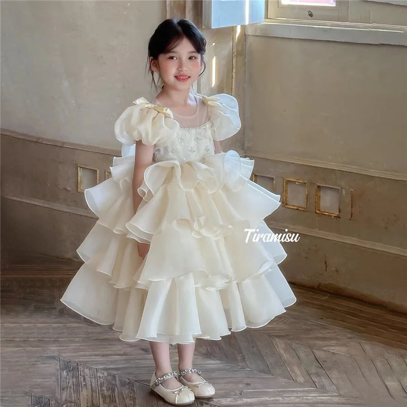Mädchen Prinzessinnenkleid mit Schleife, Festliches Kinderkleid mit Puffärmeln und Mesh, Geburtstagskleid für Mädchen 3-10 Jahre
