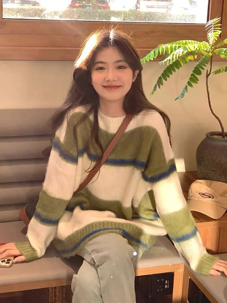

Women's Loose Knitted Sweater Spring 2026 New Sle Striped Soft Cozy Milk Color Casual round Ne Long Sve Knitwear
