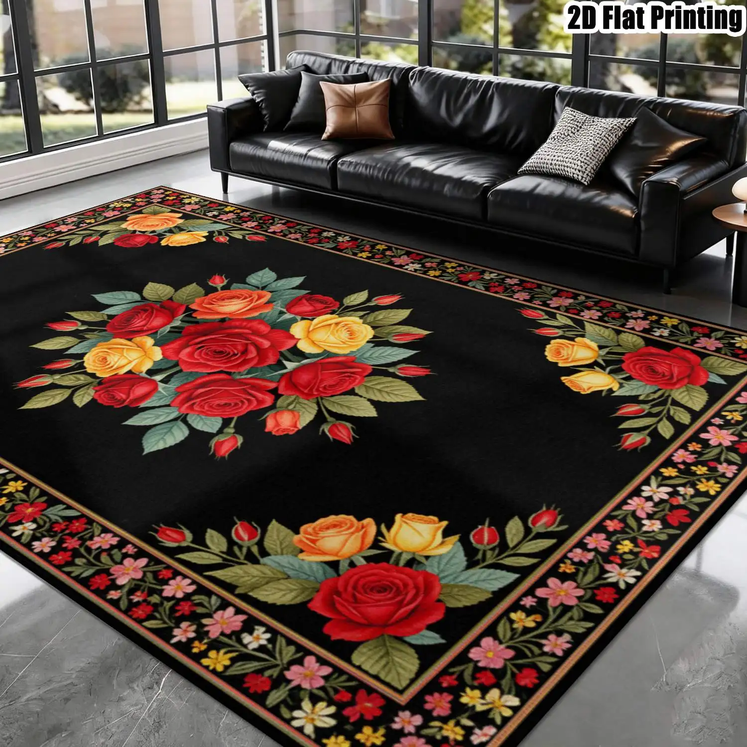 1Pc 2D Printed Retro Red Yellow Rose Floral Carpet European-Style Rug for Bedroom, Living Room, Entrance, Dining Room, Home Decor, Multi-Size, Machine Washable.