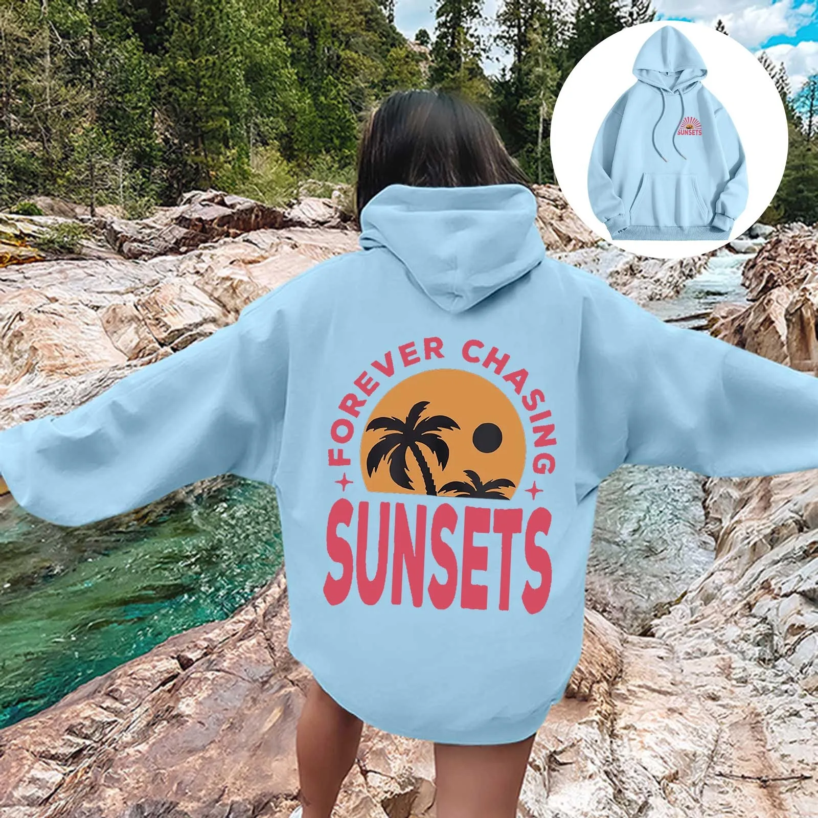 Hoodies Womens Sunset Hoodie Fleece Sweatshirts Long Sleeve Tops Drawstring Pullover Fall Outfit Clothes Sweatshirts Casual Tops