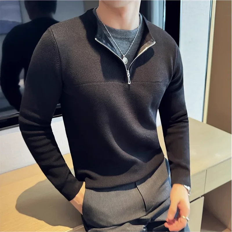 2024 Autumn Winter Fake 2 Piece Sweater Fashion Half Zipper Splice Long Sleeved Slim Fit Warm Sweaters Men Knitted Pullover