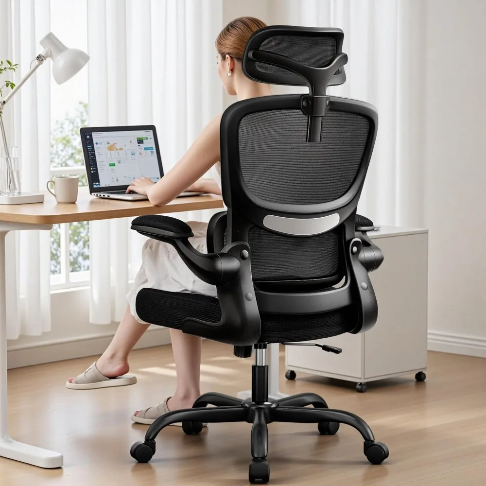 High Back Ergonomic Office Chair, Breathable Mesh Desk Chair with Lumbar Support, Adjustable Headrest, Flip-up Armrests, Compute