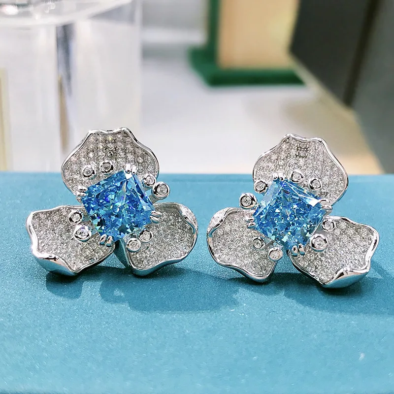 S925 pure silver navy blue treasure 7 * 7mm Redion luxury full diamond luxury flower inlaid earrings ear clip female hot sale