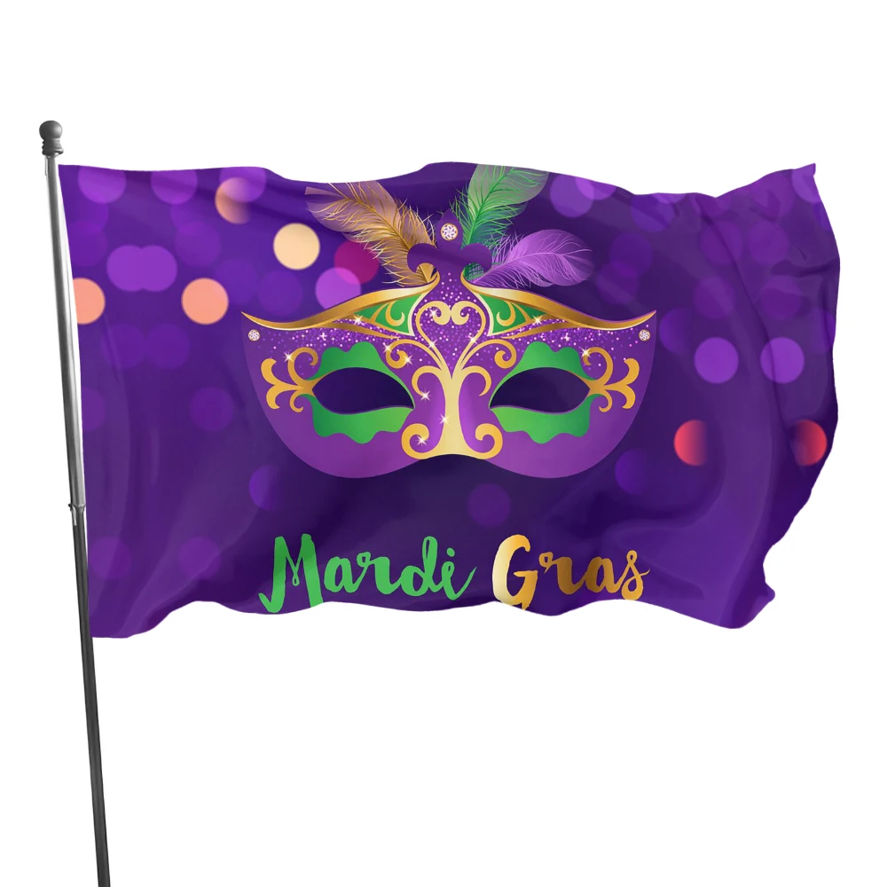 Mardi Gras Flag Happy Carnival Decoration Vivid Color and Purple Mask Polyester with Brass Grommets Outdoor Family Decor Party