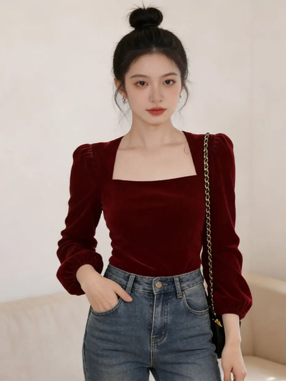 

Spring Autumn Winter New Style Women's Square Collar Velvet Bubble Sleeve Base Shirt Fashionable Inner Wear Casual Shirt