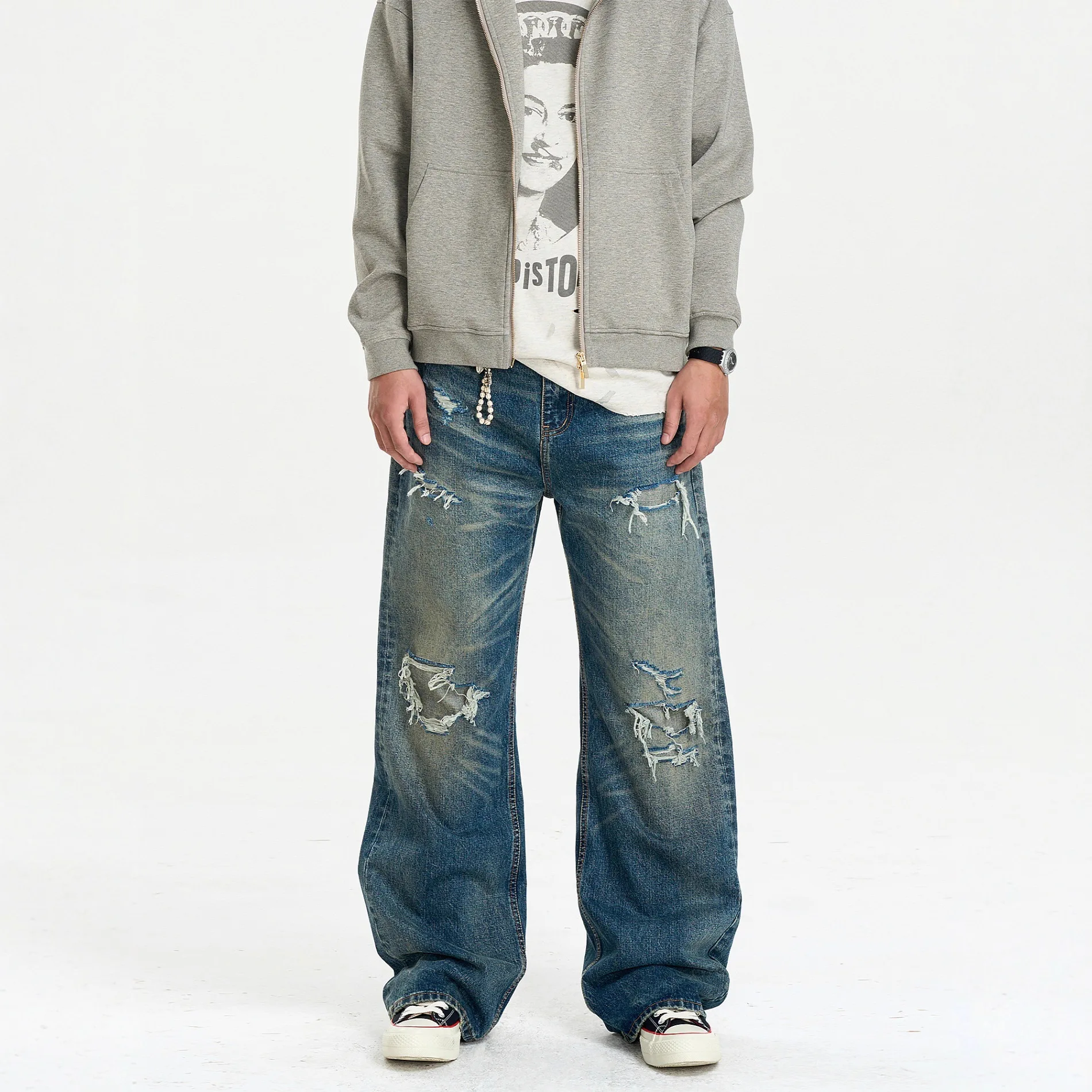 American Retro Washed Old Edging Ripped Patch Cat Whisker Jeans Men's Straight Loose Vintage Pants