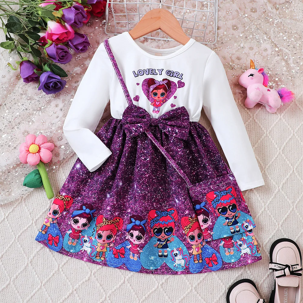 

2023 Winter New Girls Dress Long Sleeve Sparkly Sequins Print Cartoon Purple Cute Designer Girls Princess Dress Vestido 18M-7T