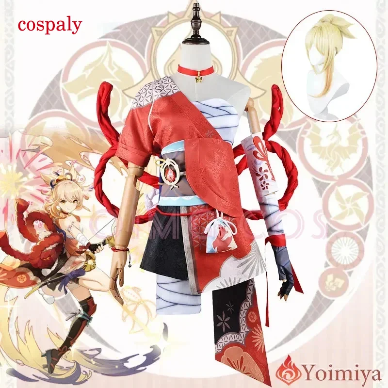 Genshin Impact Yoimiya Cosplay Costume Adult Carnival Uniform Wig Anime Halloween Party Costumes Masquerade Women Game