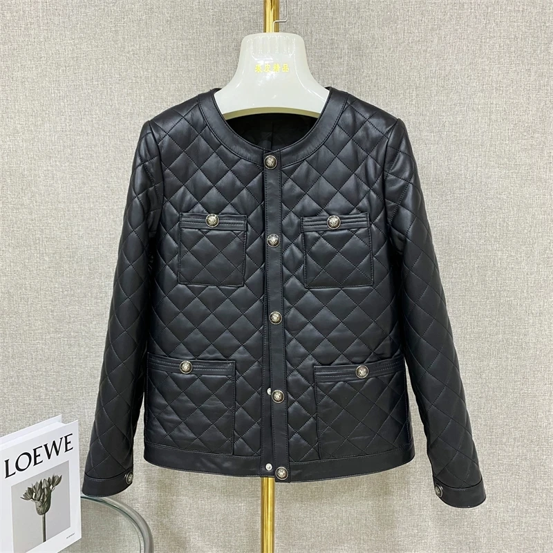 

2026 Spring Real Leather Women's Cotton-padded Jacket Fashion Diamond Pattern Female O-neck Pocket Sheepskin Warm Jackets Coats