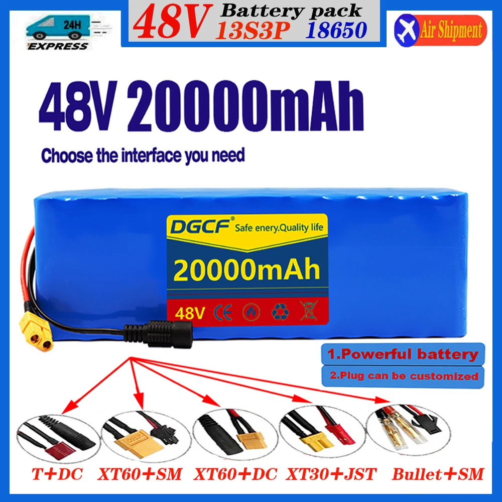 

New 13S3P 48V60Ah 1000WDC+ XT60 48V Lithium Ion Battery Pack with BMS 48v Battery 48v Lithium Battery 54.6V Charger