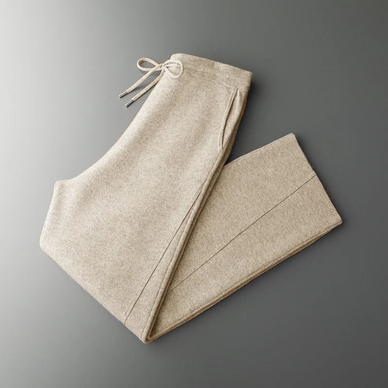 

Autumn Winter Thick Warm Men 100% Merino Wool Trousers Man Wide Leg Trousers Casual Elastic Weist Knitted Soft Man Wool Pants