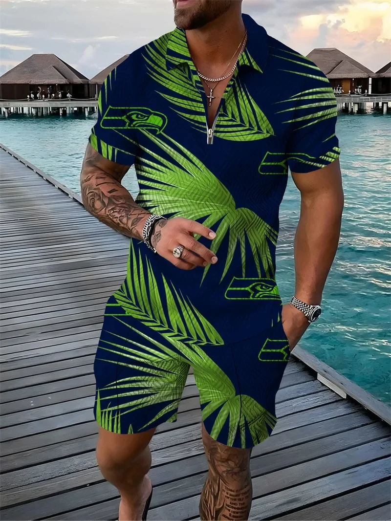 

Summer New Hawaiian Style Tracksuit 2pcs Sets Vintage Floral 3D Printed Casua Men's Zipper Lapel Polo Short Sleeve +Shorts Sets
