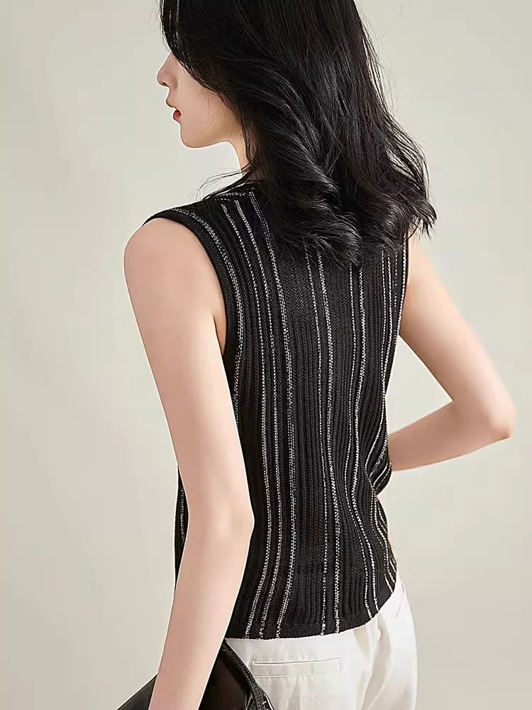 Faionable Knitted Svel V-Ne Cardigan Vest Versatile Top Slimming Straight Cut Commute Sle Korean Version Button D...