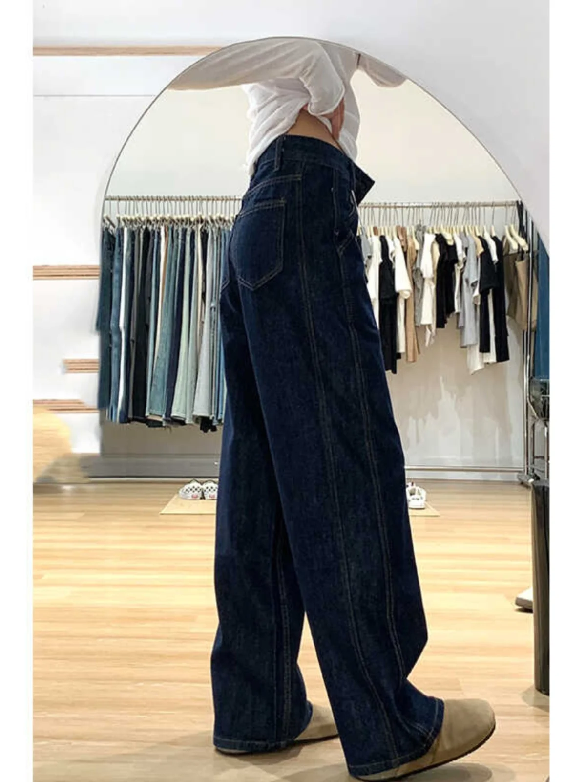 بالإضافة إلى حجم الجينز الأزرق العميق واسعة الساق المرأة عالية الخصر مستقيم فضفاض المناسب الكمثرى القرد الجسم التخسيس بنطلون الخريف جديد Arr... #2