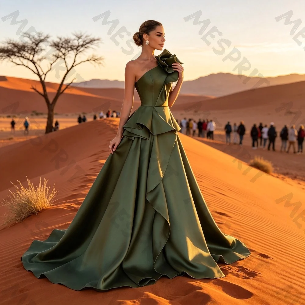 Customized Green Single Shoulder Satin Evening Dresses 2026 New Flower Ruffle Waist Line Luxury Ball Gown Suitable for Parties