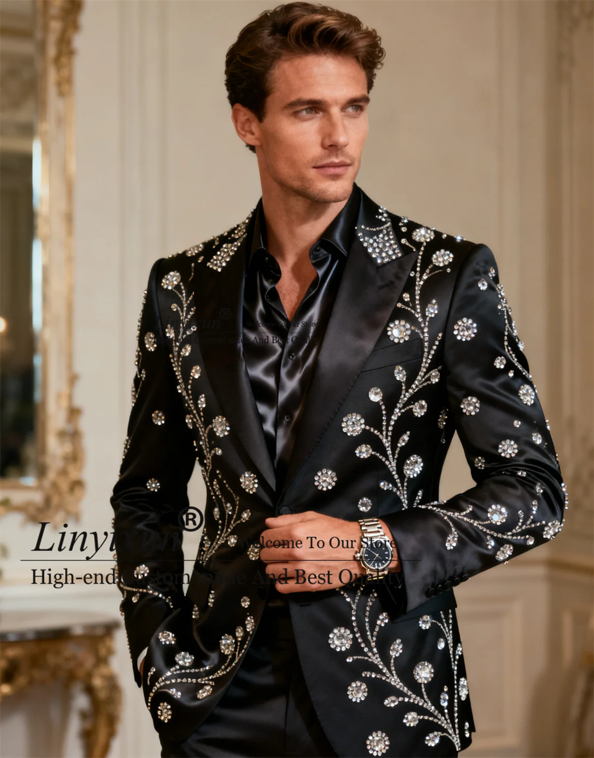 

Sparkly Beaded Crystals Tuxedos Men Suits Customized Slim Fit Wedding Party trajes para hombre 2 Pieces Sets Groom Prom Blazers