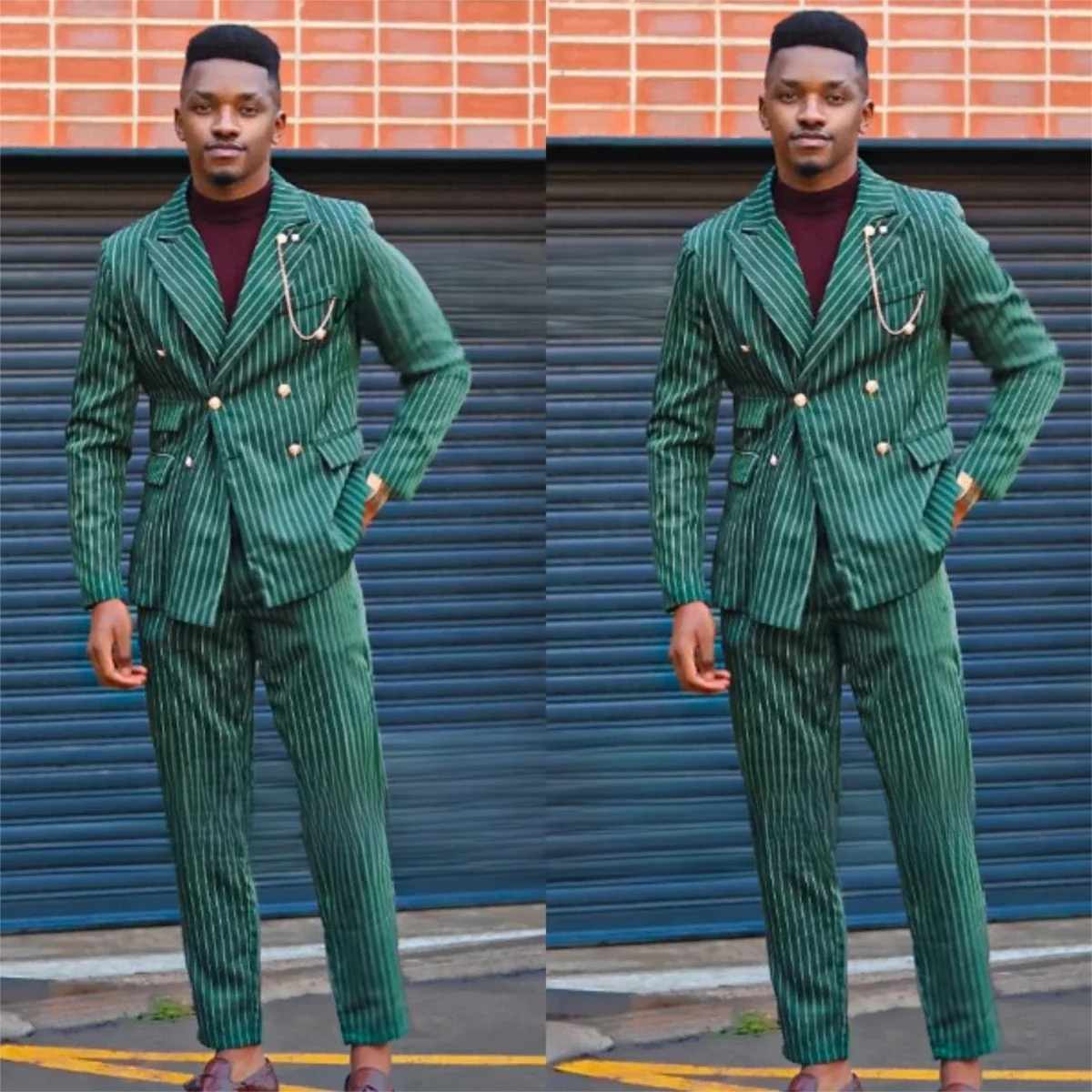 

Fashionable Green Striped Double Breasted Men Suit 2 Pieces (Jacket+Pants) Peaked Lapel Outfits Casual Party Prom Wedding Set