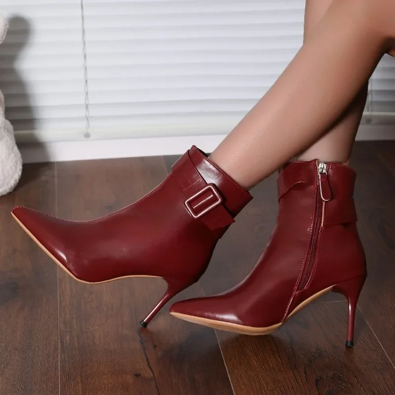 

2025 New fashion Women Autumn Winter Pointed Toe Stiletto High Heels Leather Booties Temperament Women's Boots