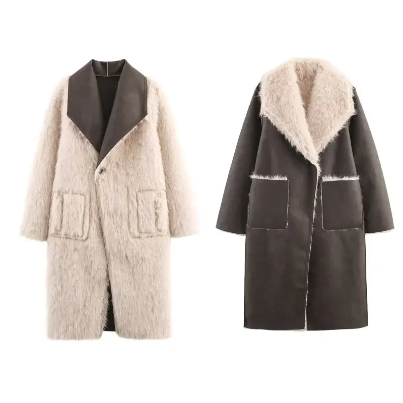 

Double-sided Thickened Fur Coat Lapel Collar Winter Warm Long Coat Women Lady Fashion One Button Streetwear Outerwear Jacket