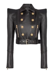 Modphy 2026 New Slim Double Dreasted Pu Faux Leather Short Jacket with Belt Streetwear Female Retro Moto Biker Coat Outwear