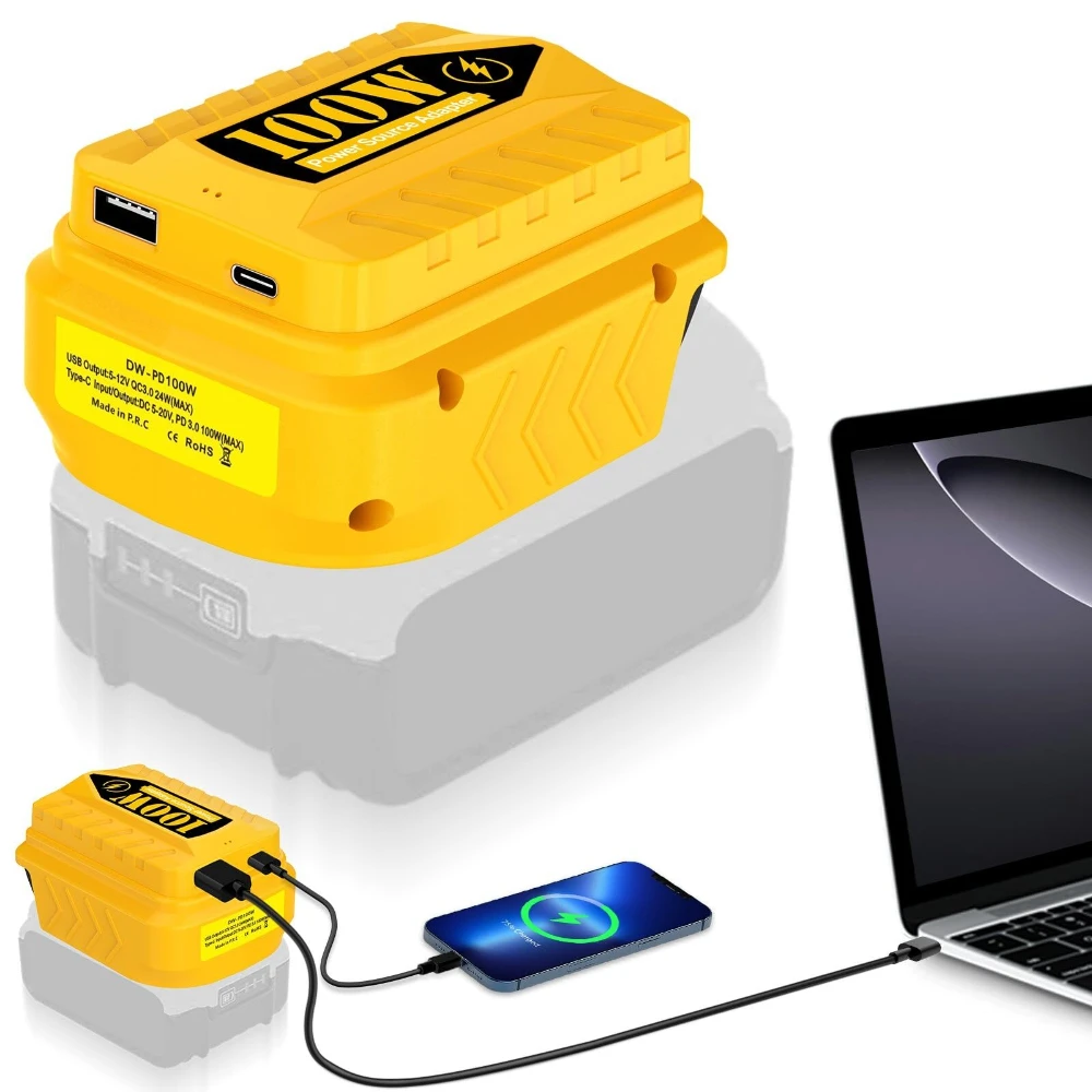 

PD100W Charger USB Battery Adapter with USB and Type-C Ports for Dewalt/Milwaukee/Makita 18/20V Batteries for Electronic Devices