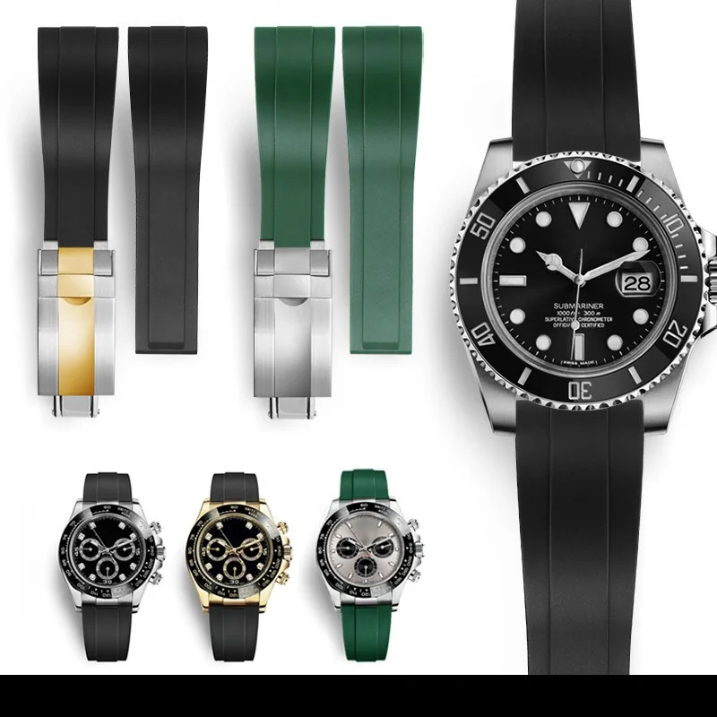 20mm 21mm 22mm Rubber Watch Strap For Rolex Daytona Tudor Black bay Omega Longines Watchband Replacement Bracelet Fold Buckle