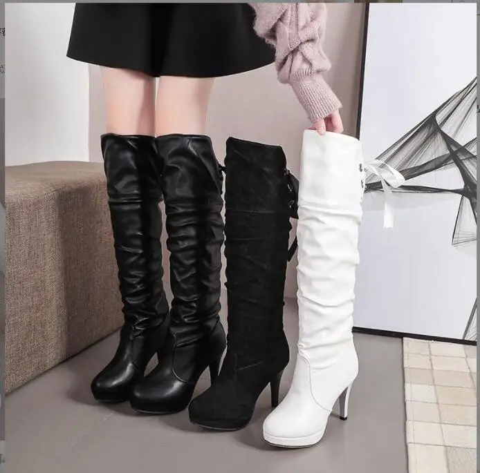 New Women Boots Classics White Black Shoes Luxury Fashion Autumn Soft Leather Elegant Comfortable Knee High Lace-Up Fashion Boot