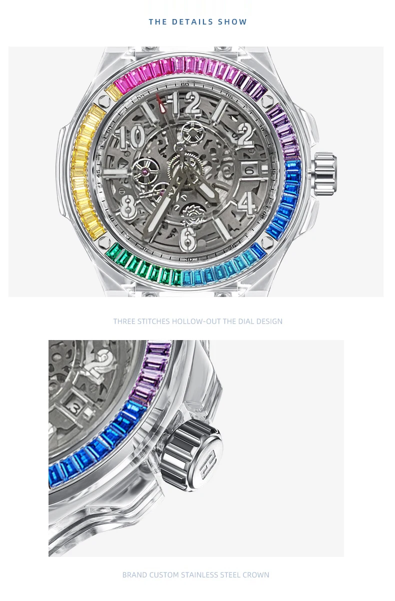 HANBORO Women Luxury Watches Ladies Automatic Wristwatch Skeleton Luminous Dial Austria Crystal Bezel Silicone Strap Sapphire