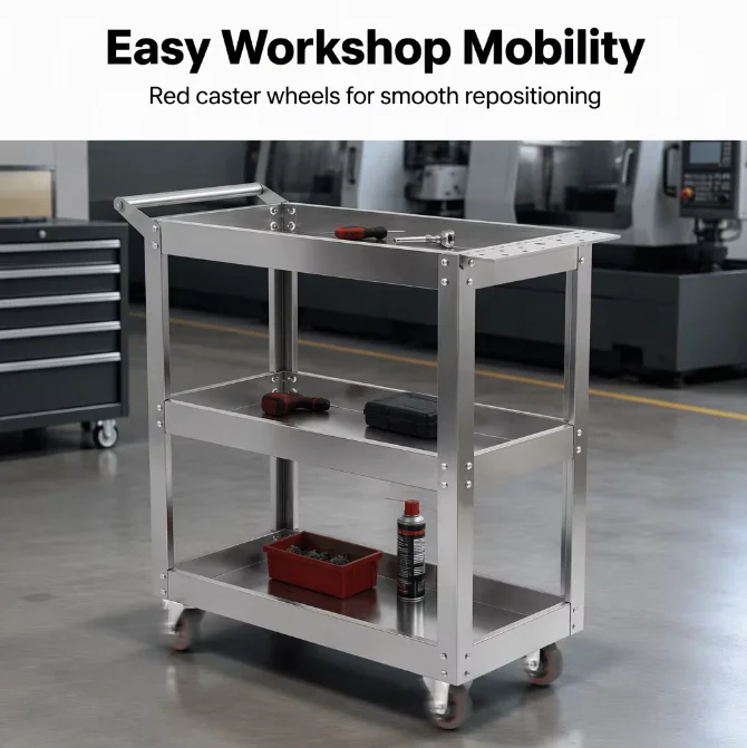 a for3 Tier Stainless Steel Tool Trolley Heavy Duty Workshop Utility Cart With Brake Casters, Mobile Storage Service Cart