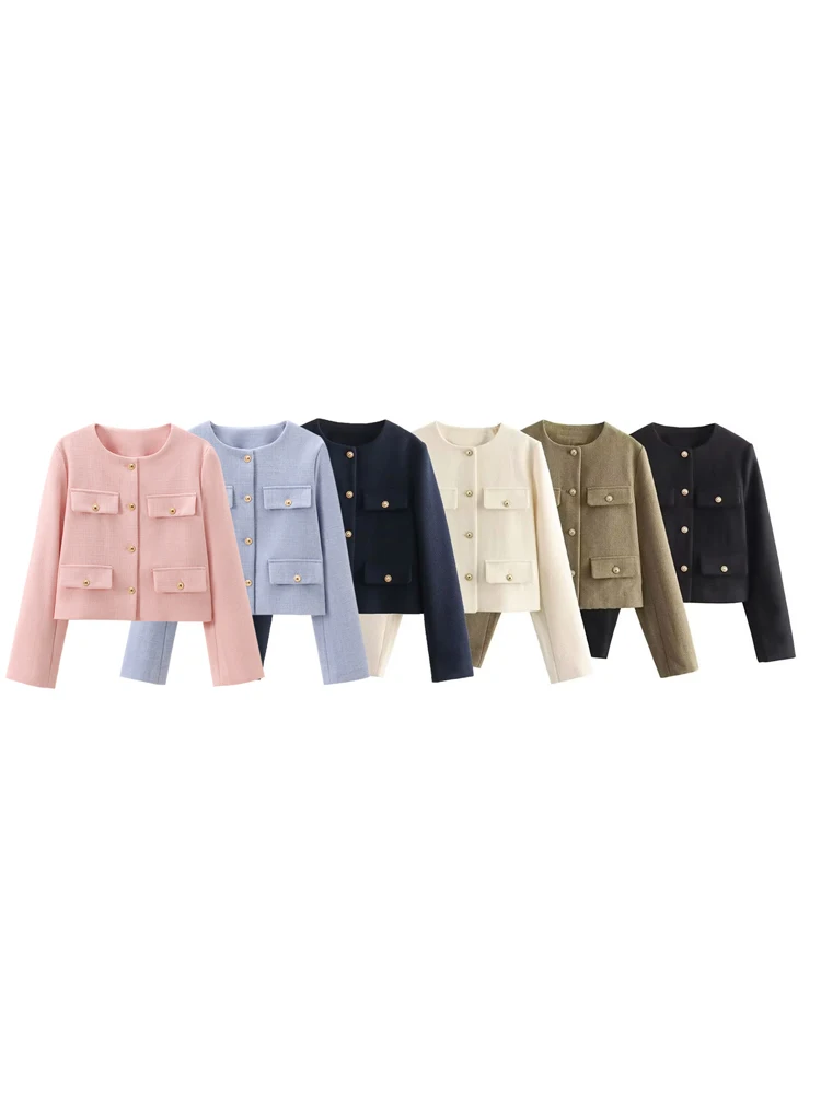 KAOPU ZA Women front flap pockets bomber jacket vintage round collar long sleeve button-up female outerwear chic tops