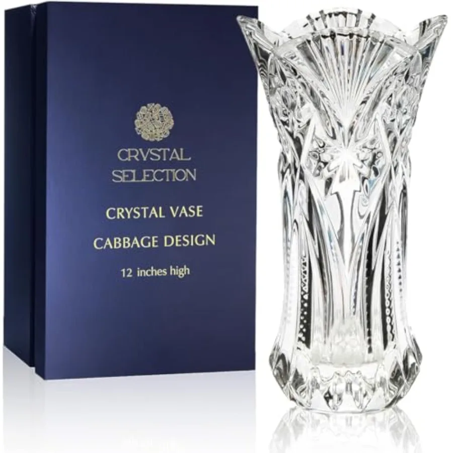 

CS Crystal Vase 12-inch high, Cabbage Design, for Flowers Decor: clear glass, elegant shiny finish, versatile gift for all occa
