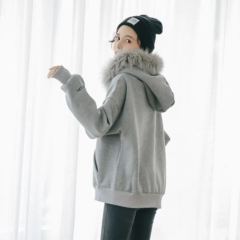 ZOUXO Hoodies Women 2022 Autumn Winter Fur Collar Thick Hoodies New Fashion Simple Grey Hooded Clothes